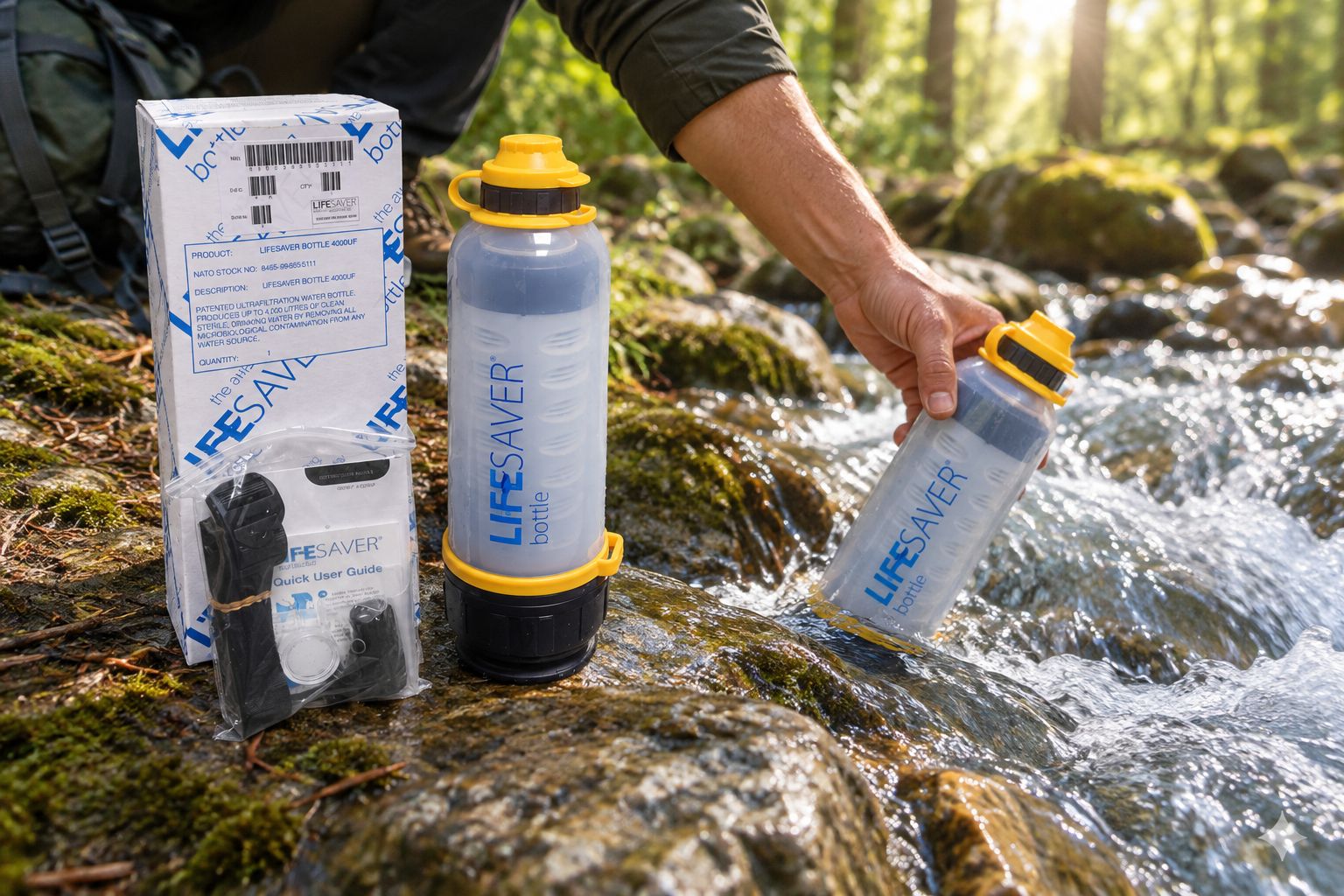 Portable water filter being used beside a stream at a campsite