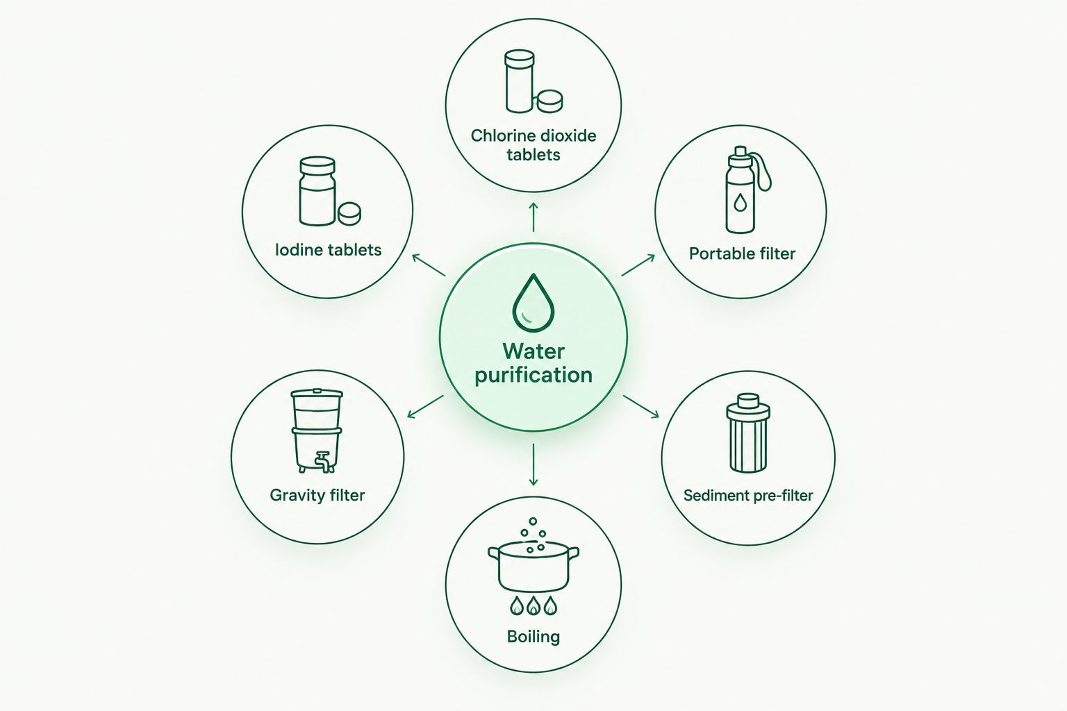 Hub and spoke diagram of six water purification methods for camping