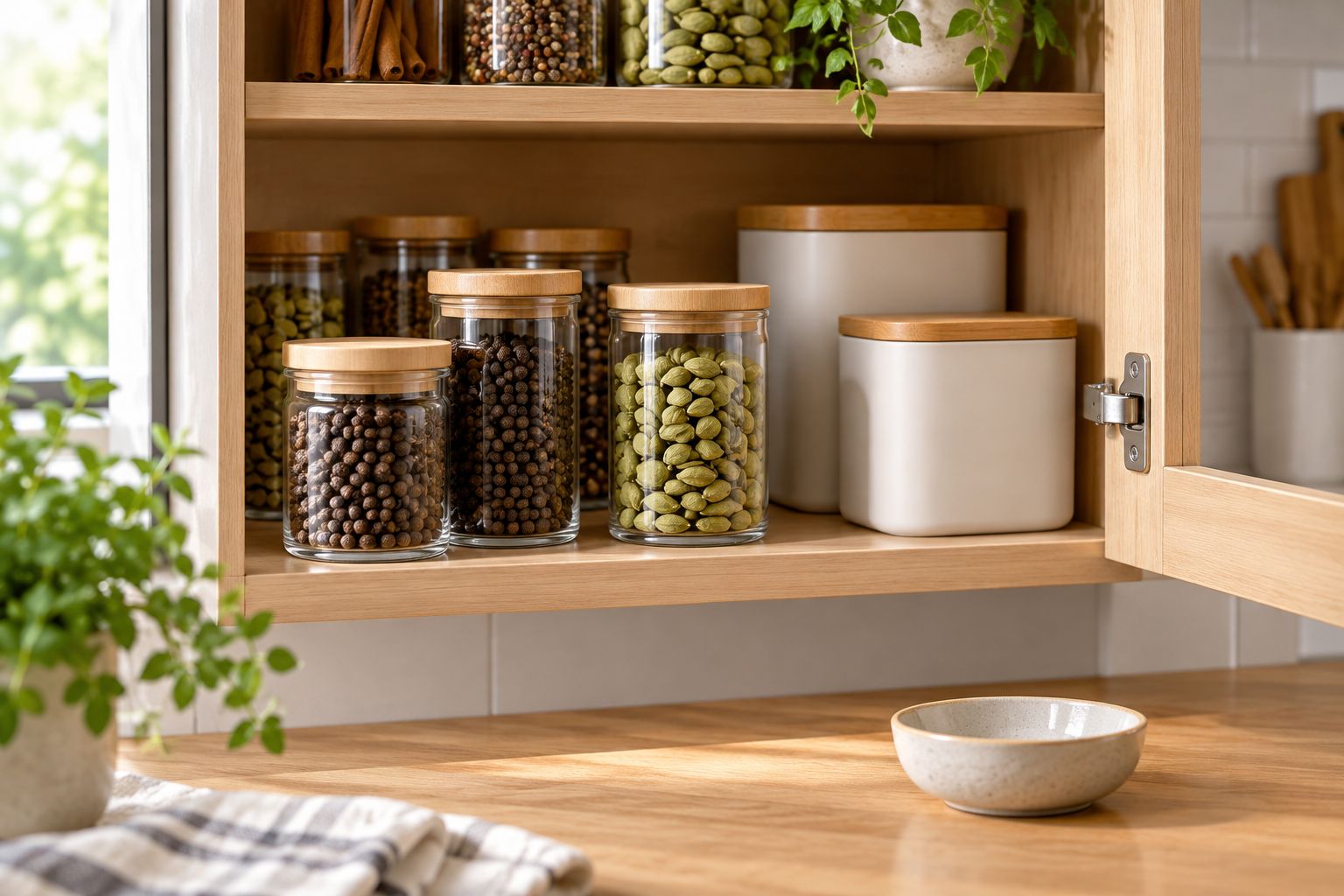 Closed spice containers in a cupboard with a separate dish for cooking preparation