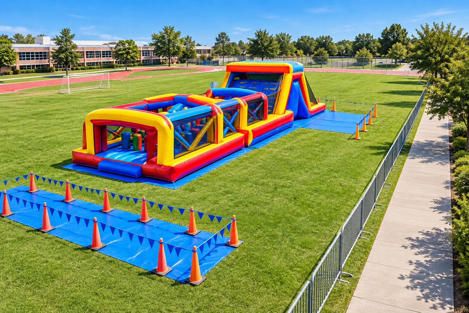 School field layout with an inflatable obstacle course, separate waiting area and clear exit route