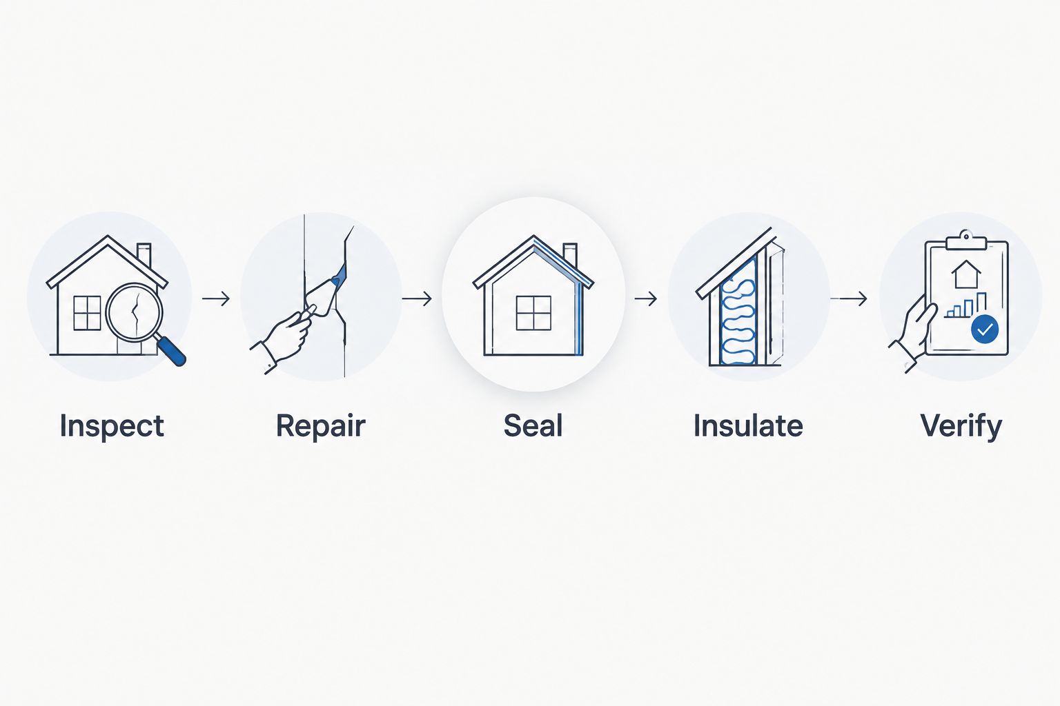 Renovation sequence showing inspection, repair, air sealing, insulation, and verification
