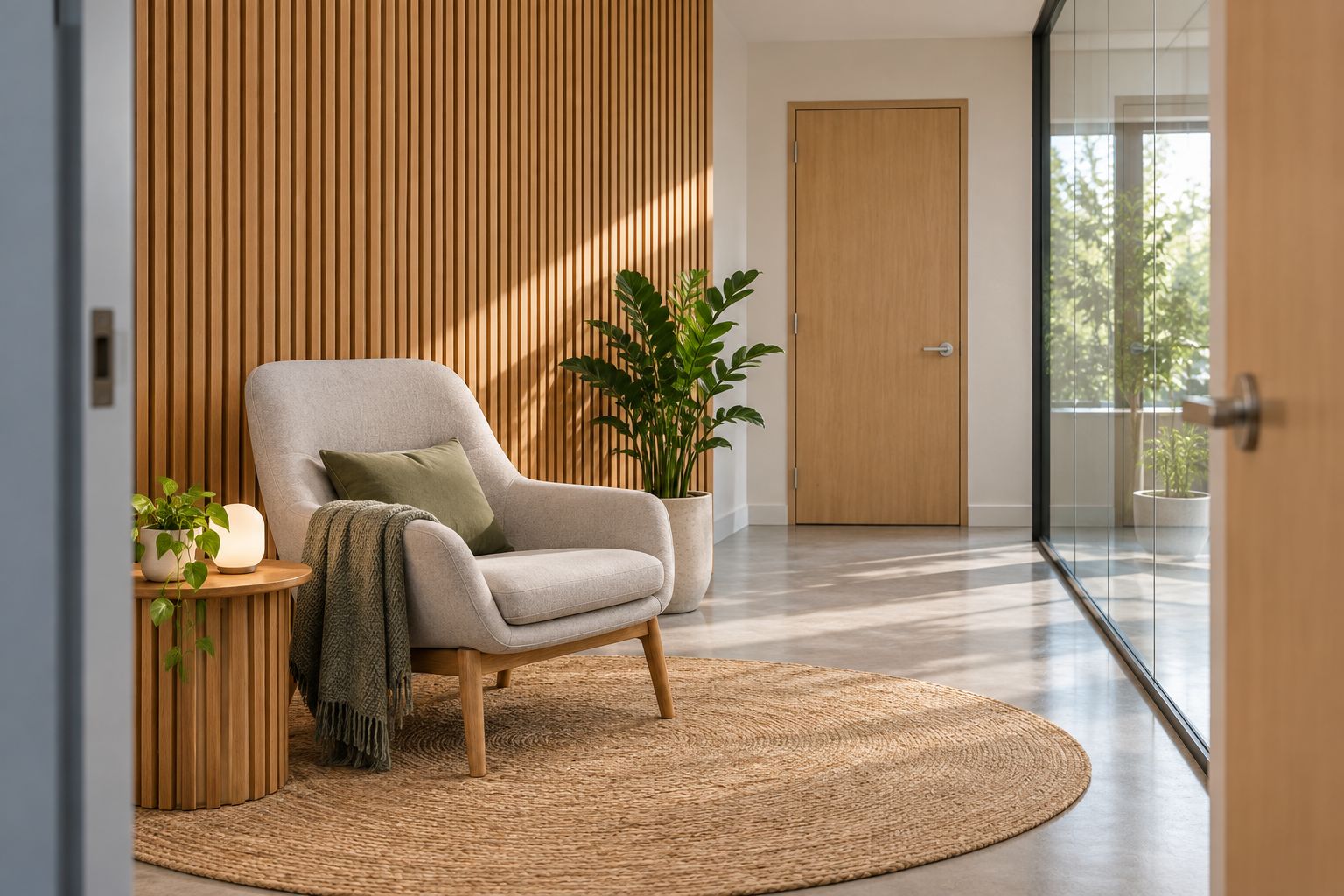 Workplace recovery room with wood slat wall treatment beside the seating area