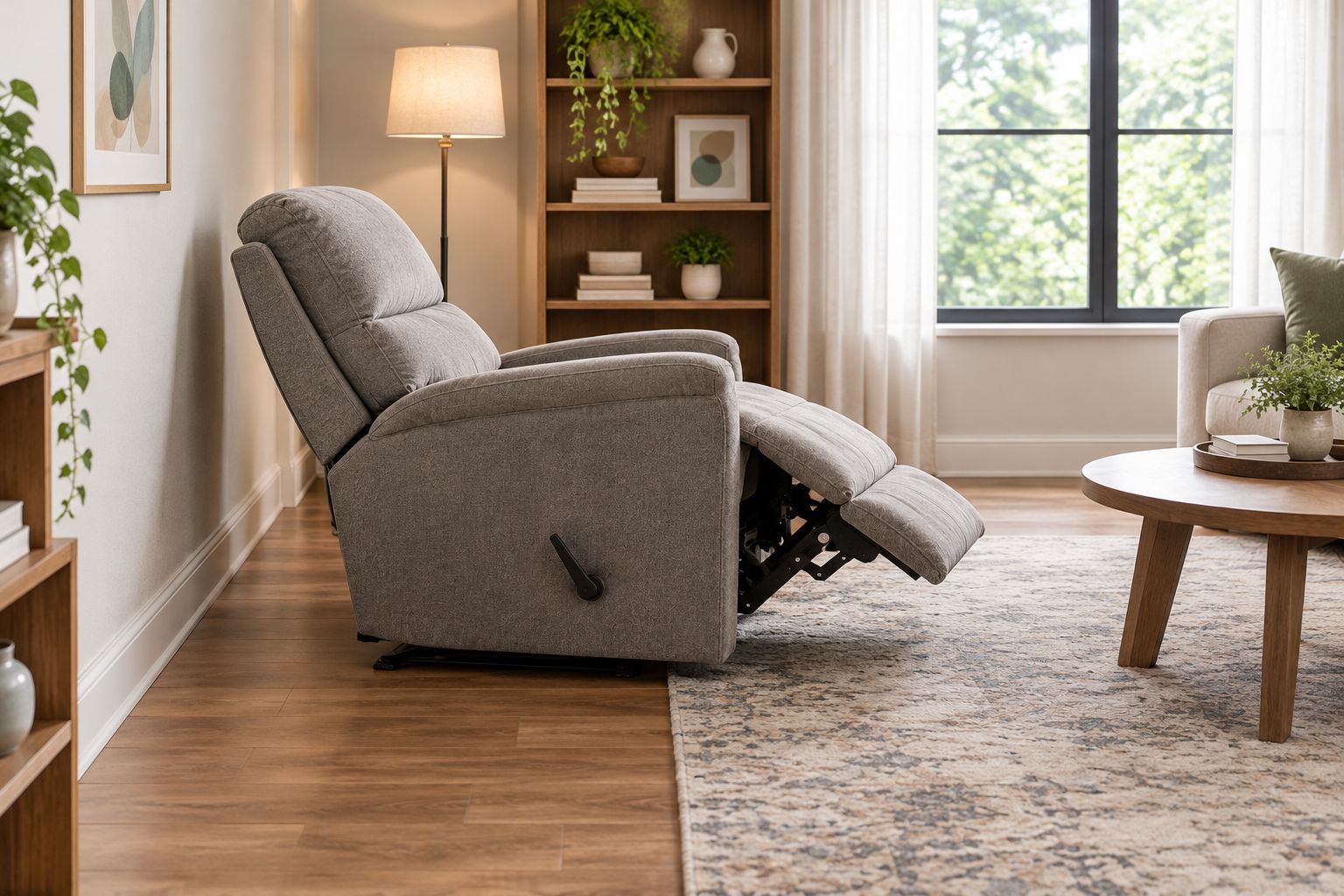 Extended recliner beside a wall with space before the coffee table and a walking route alongside