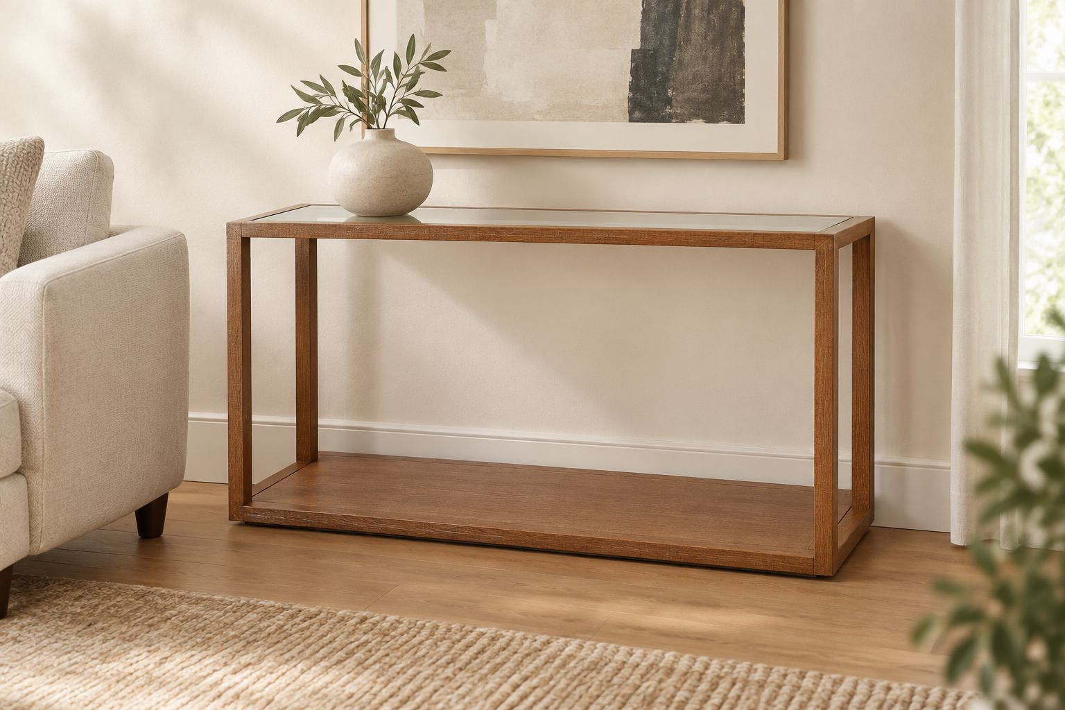 Walnut console table styled beside a sofa with a simple ceramic vessel and artwork