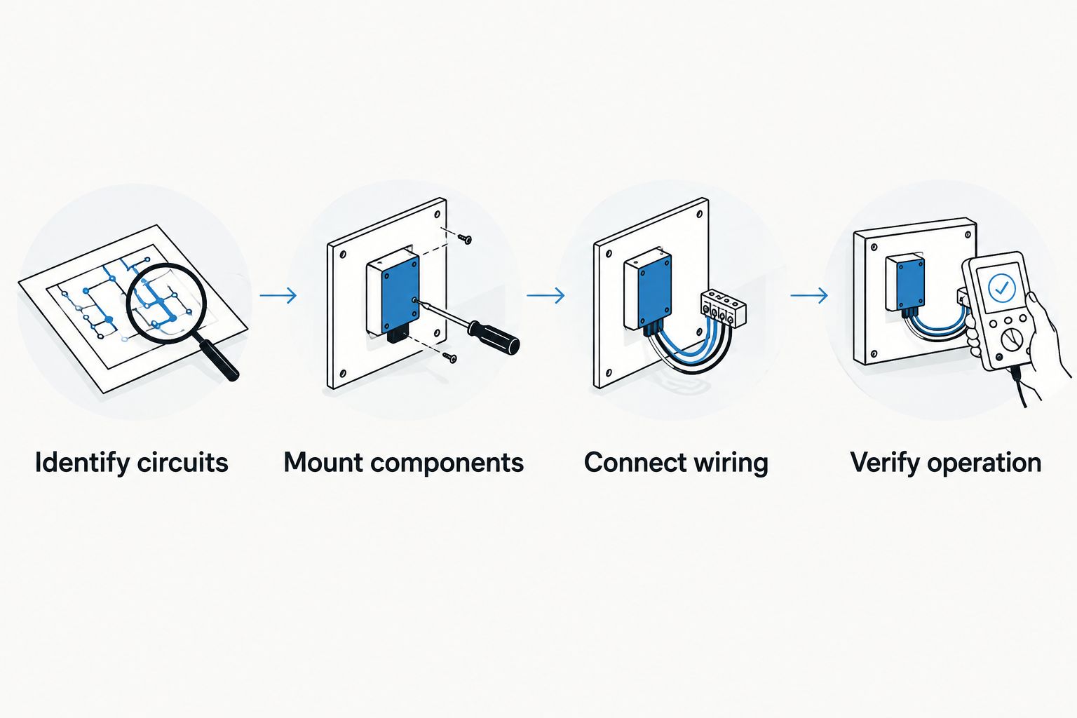 Installation sequence from circuit identification through mounting, wiring, and operation verification