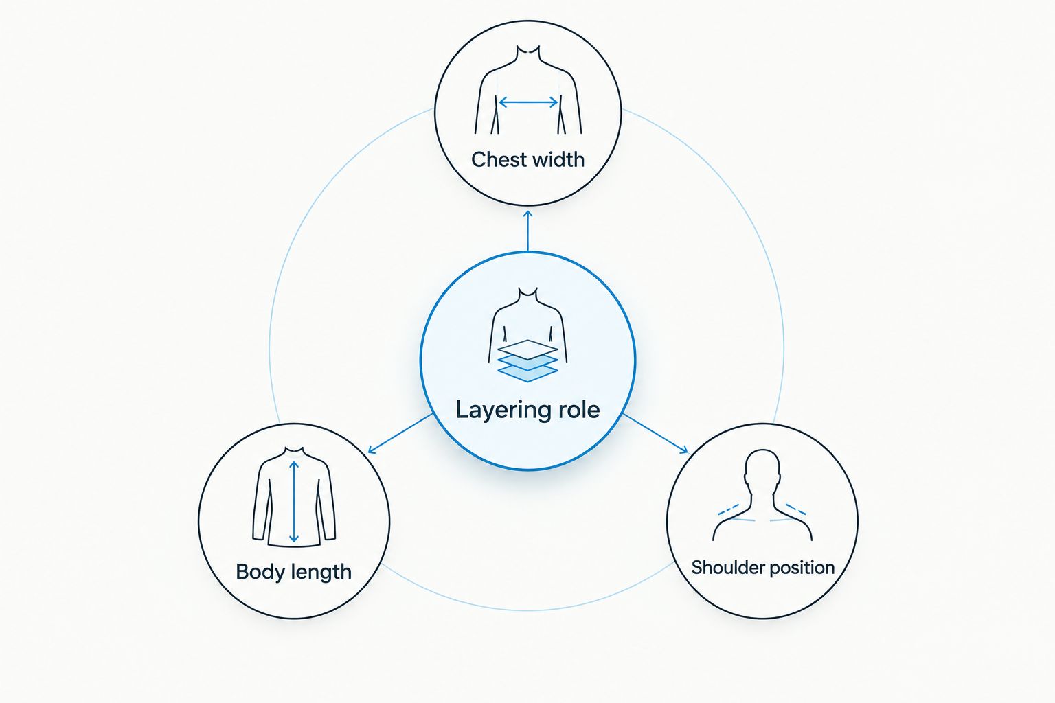 Fit checks showing chest width, body length, shoulder position, and layering role