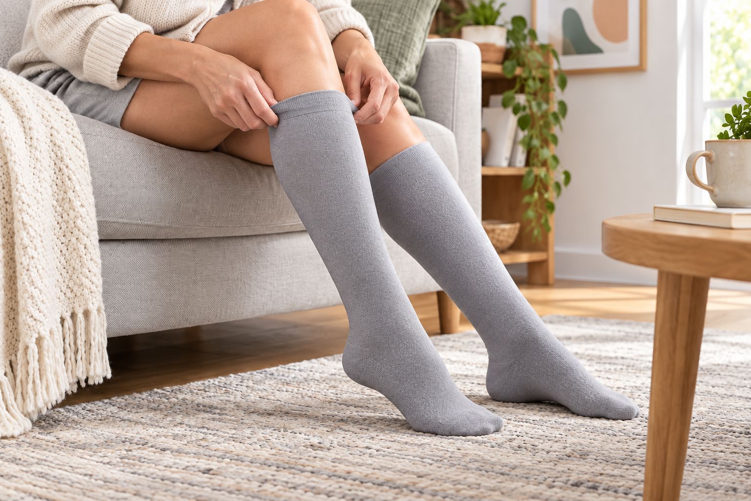 Person smoothing a knee-high sock over the ankle without folds
