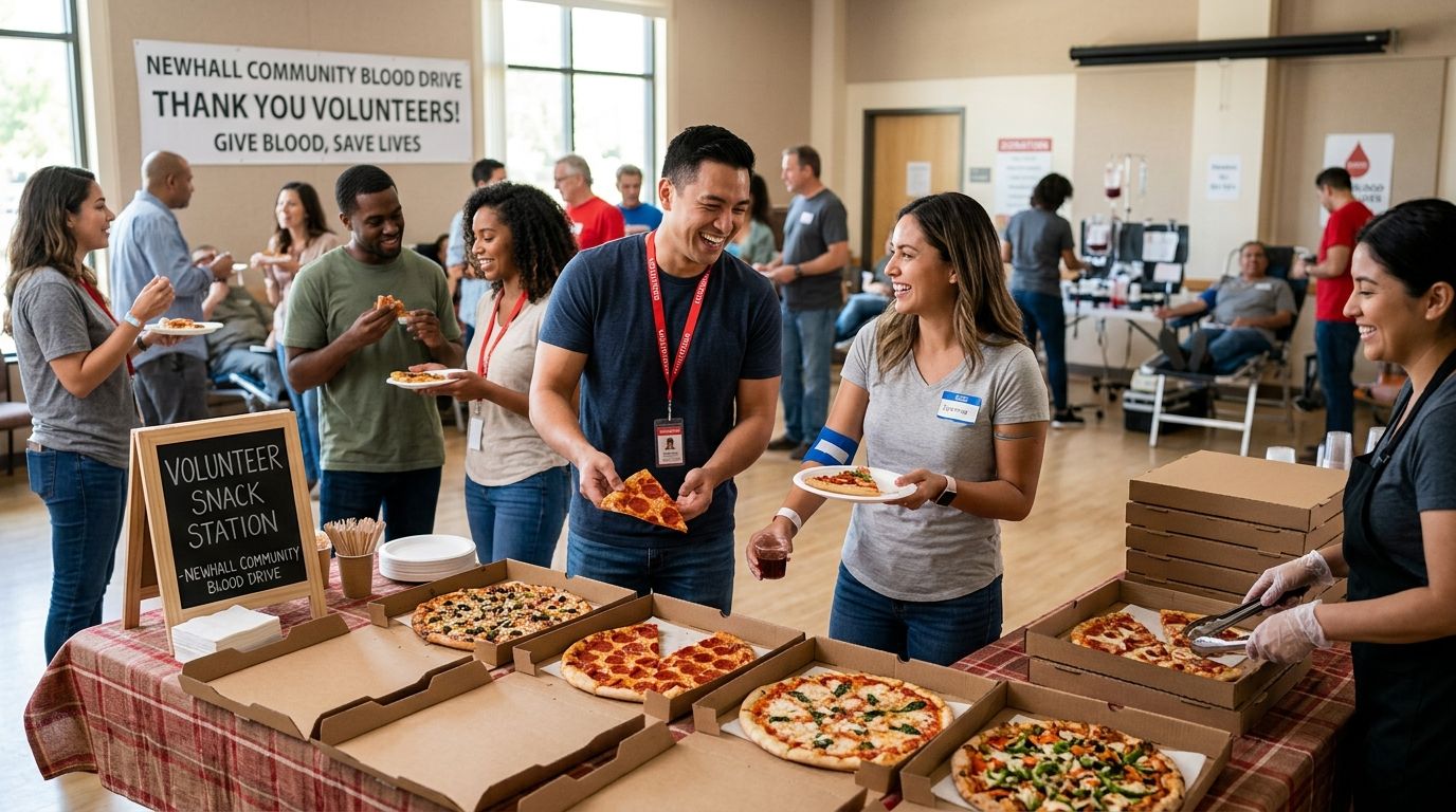 Pizza catering for a community blood drive or volunteer event