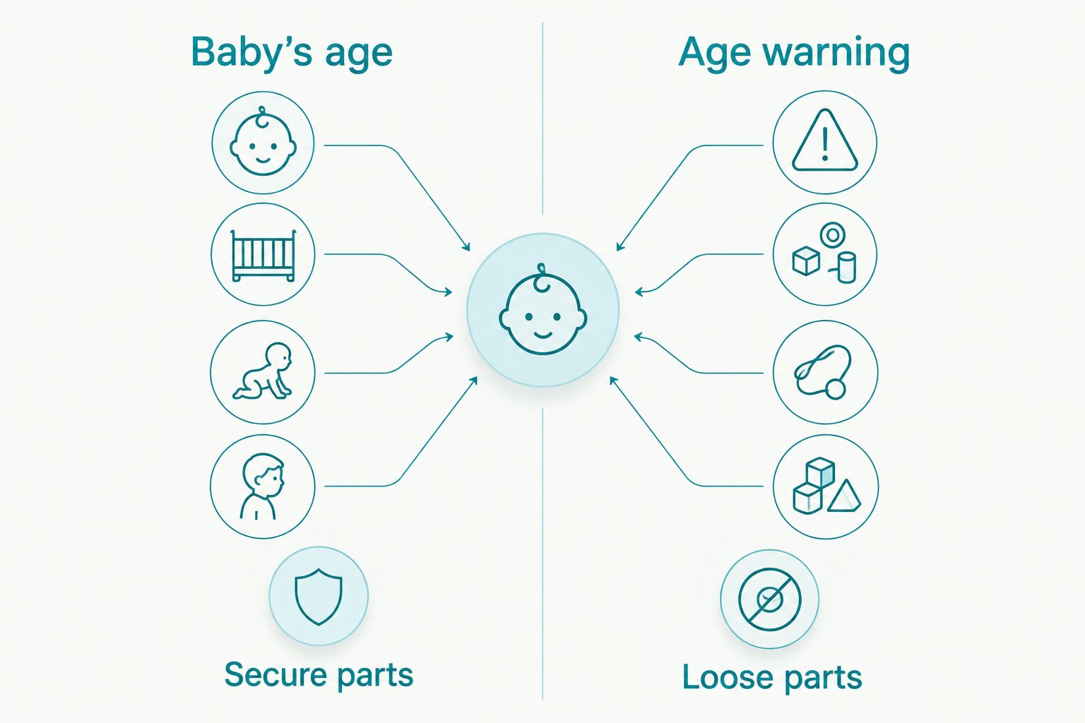 Two-column diagram comparing age-appropriate intact toys with toys carrying warnings or loose parts