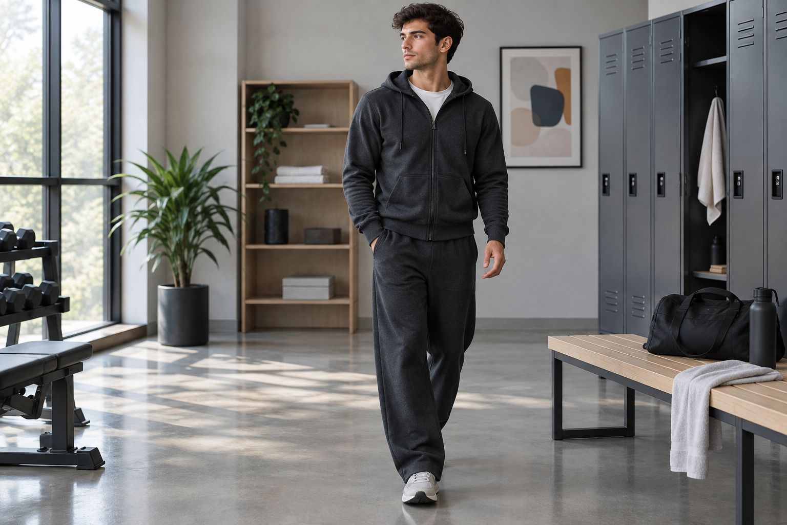 Person wearing a zip-up jacket and track pants as a matching gym-to-street outfit