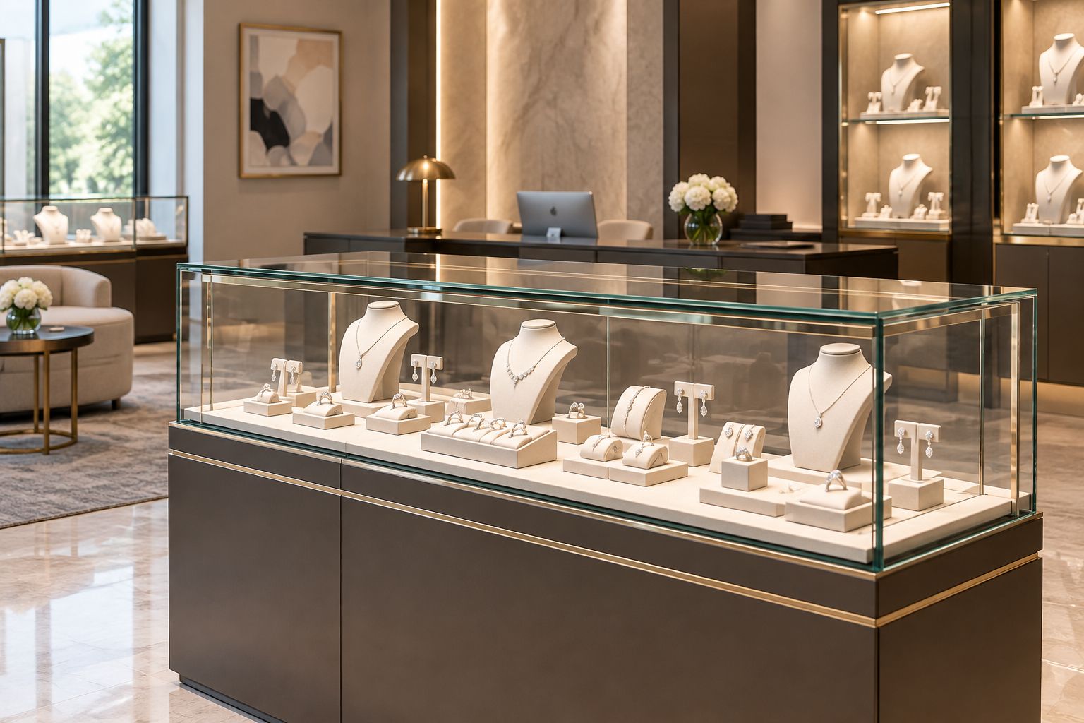 Jewellery trays and necklace stands spaced inside a glass counter with clear staff access