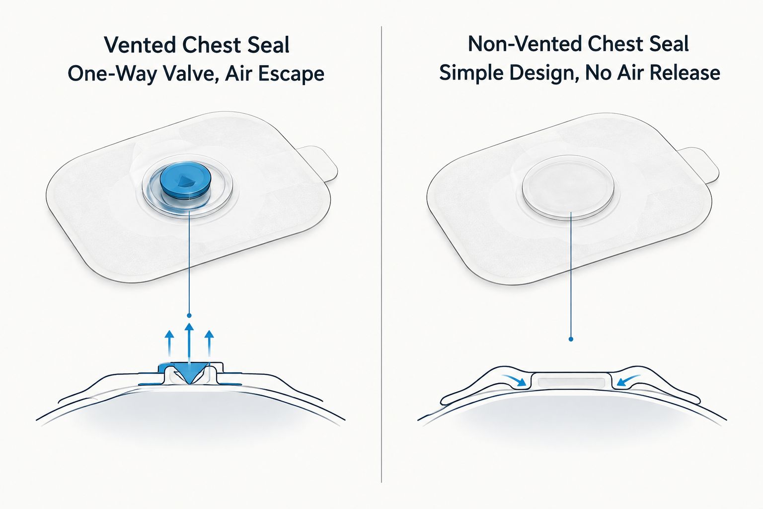 Two-column diagram comparing vented and non-vented chest seal designs