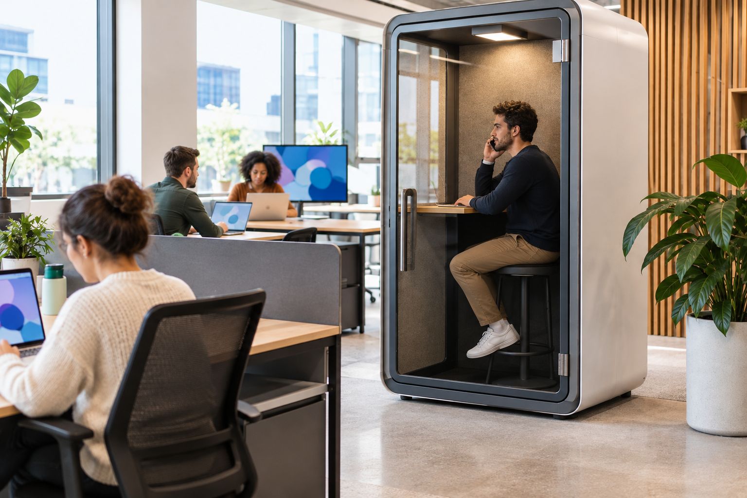 An individual takes a call inside an unbranded office booth beside a shared desk area