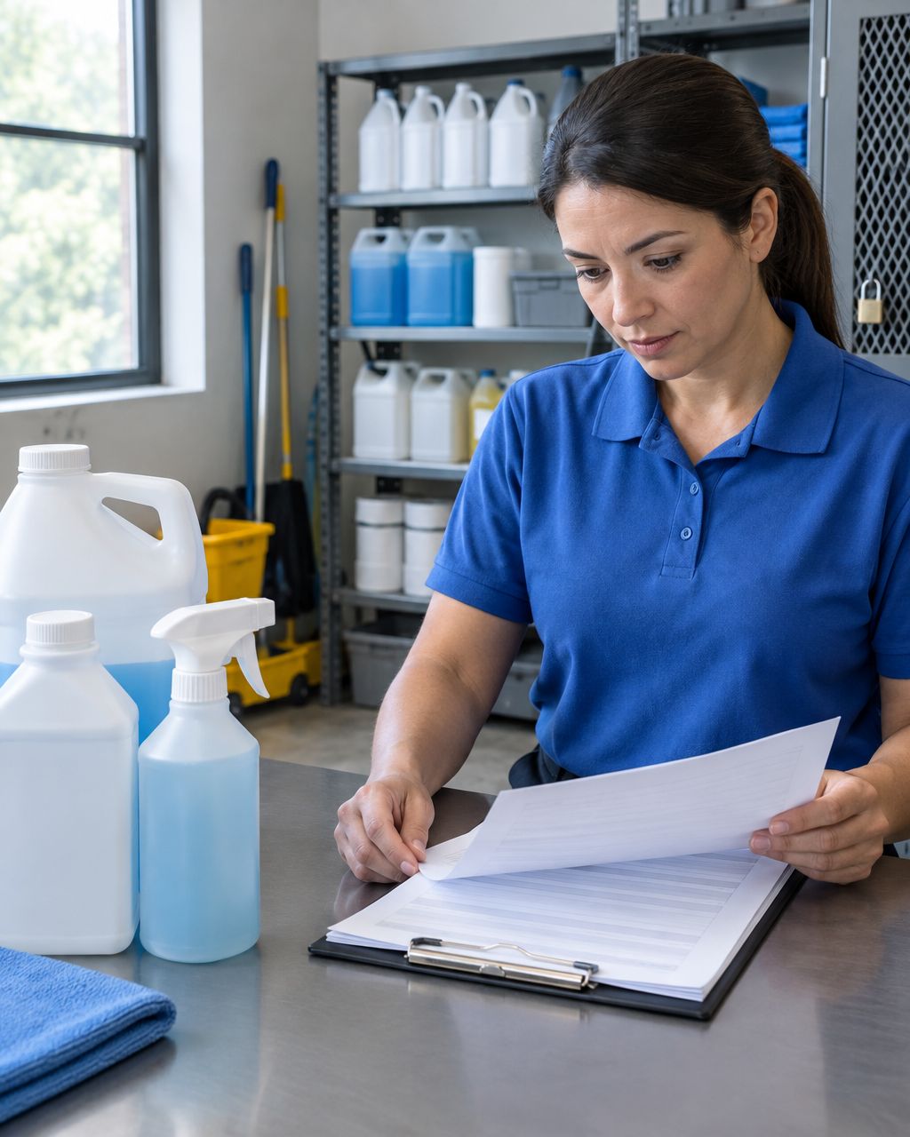 Illustrative scene of a cleaning supervisor checking safety documents in a janitorial supply room.