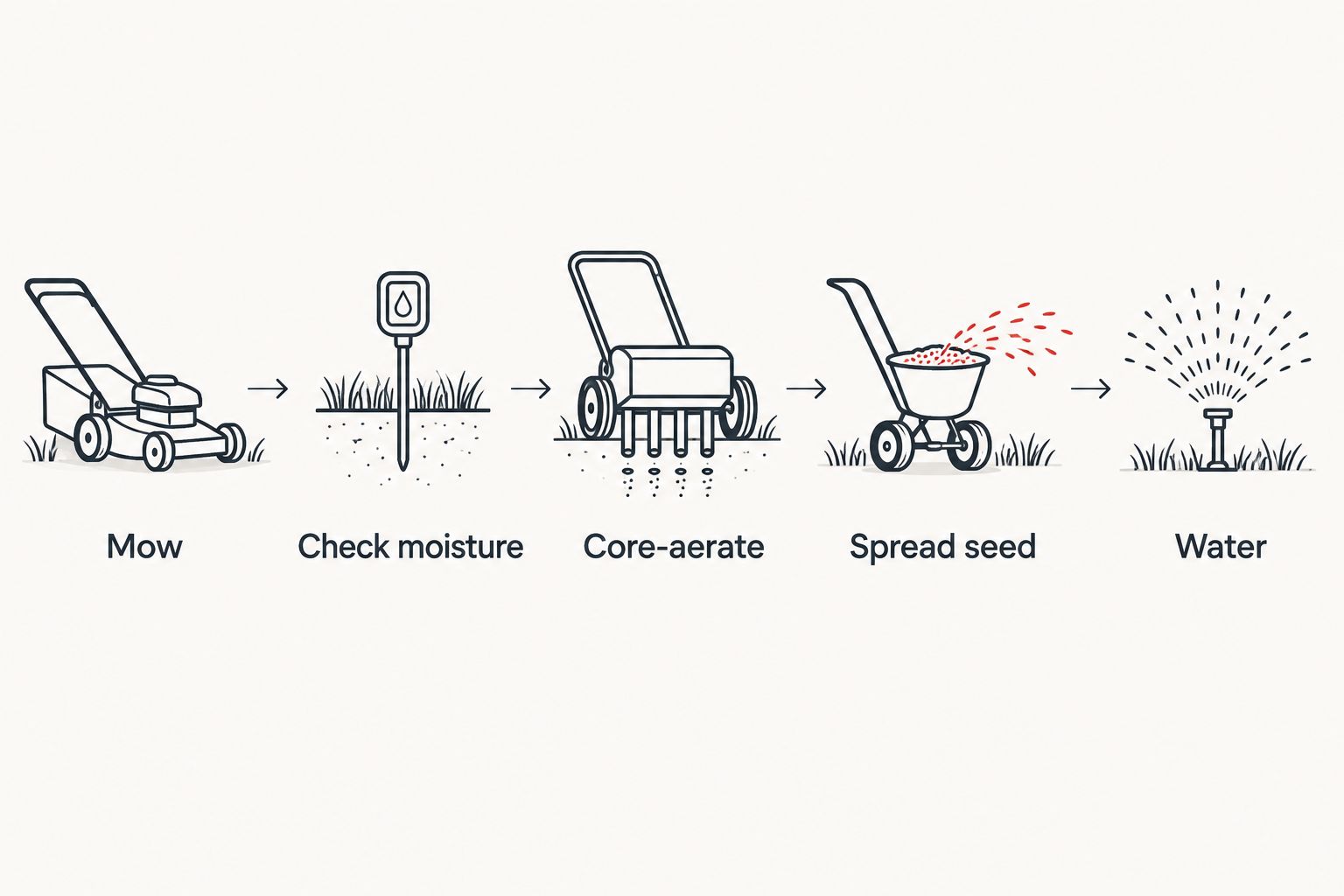 Sequence showing mowing, checking moisture, core aeration, spreading seed, and watering