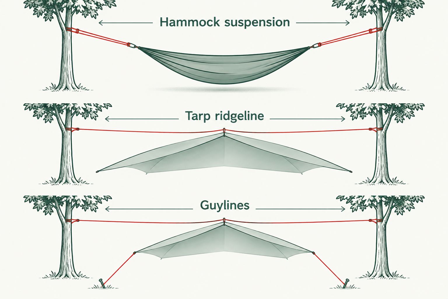 Separate hammock suspension, tarp ridgeline and guylines between the same trees