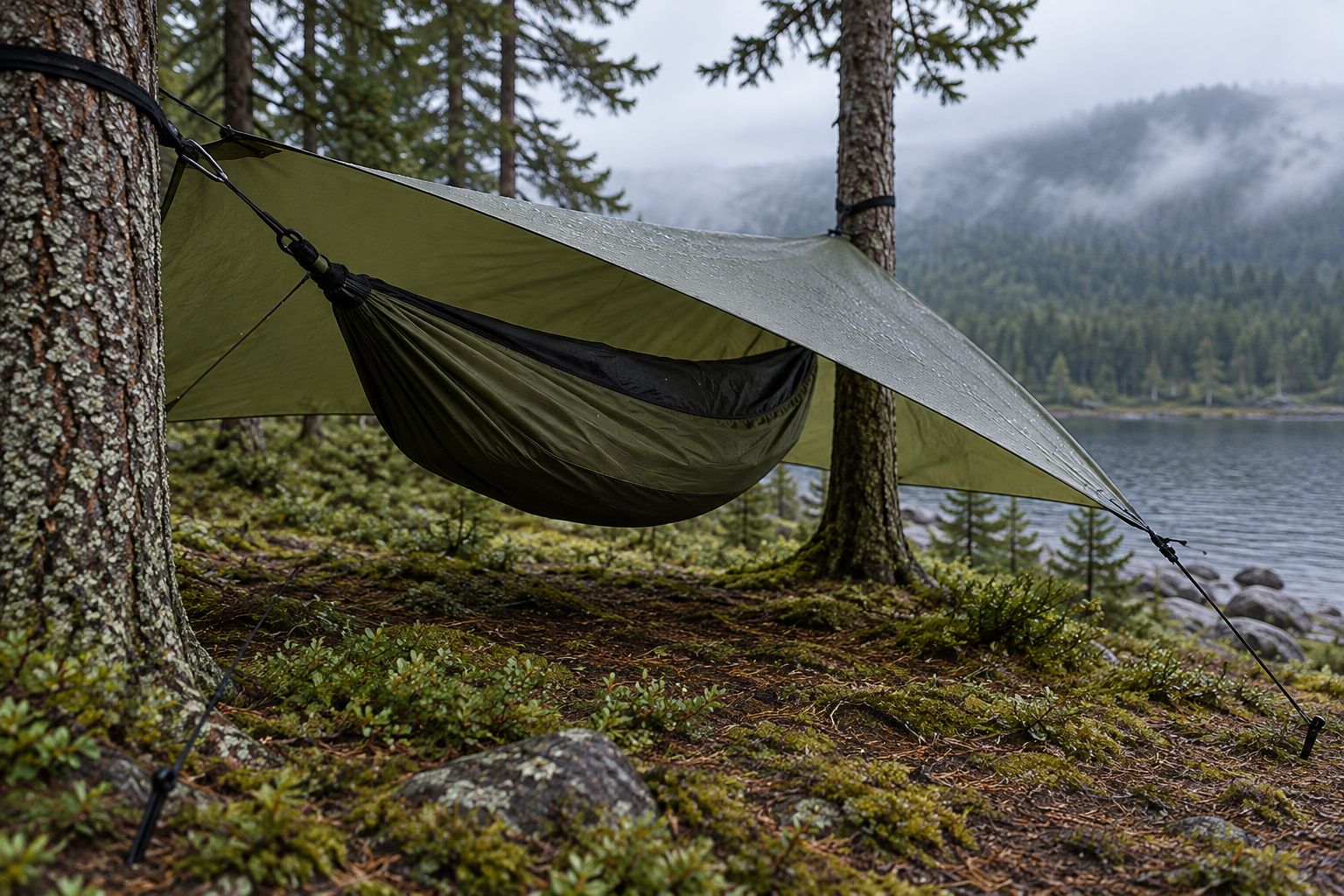 Hammock under an independently pitched A-frame tarp with clear gaps between the fabric layers