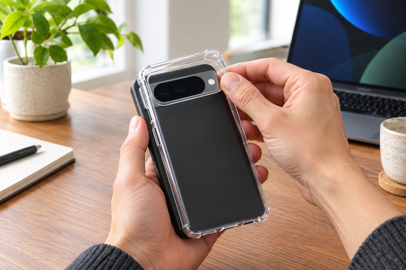 Close-up van een doorzichtig hoesje dat om een smartphone wordt geklikt