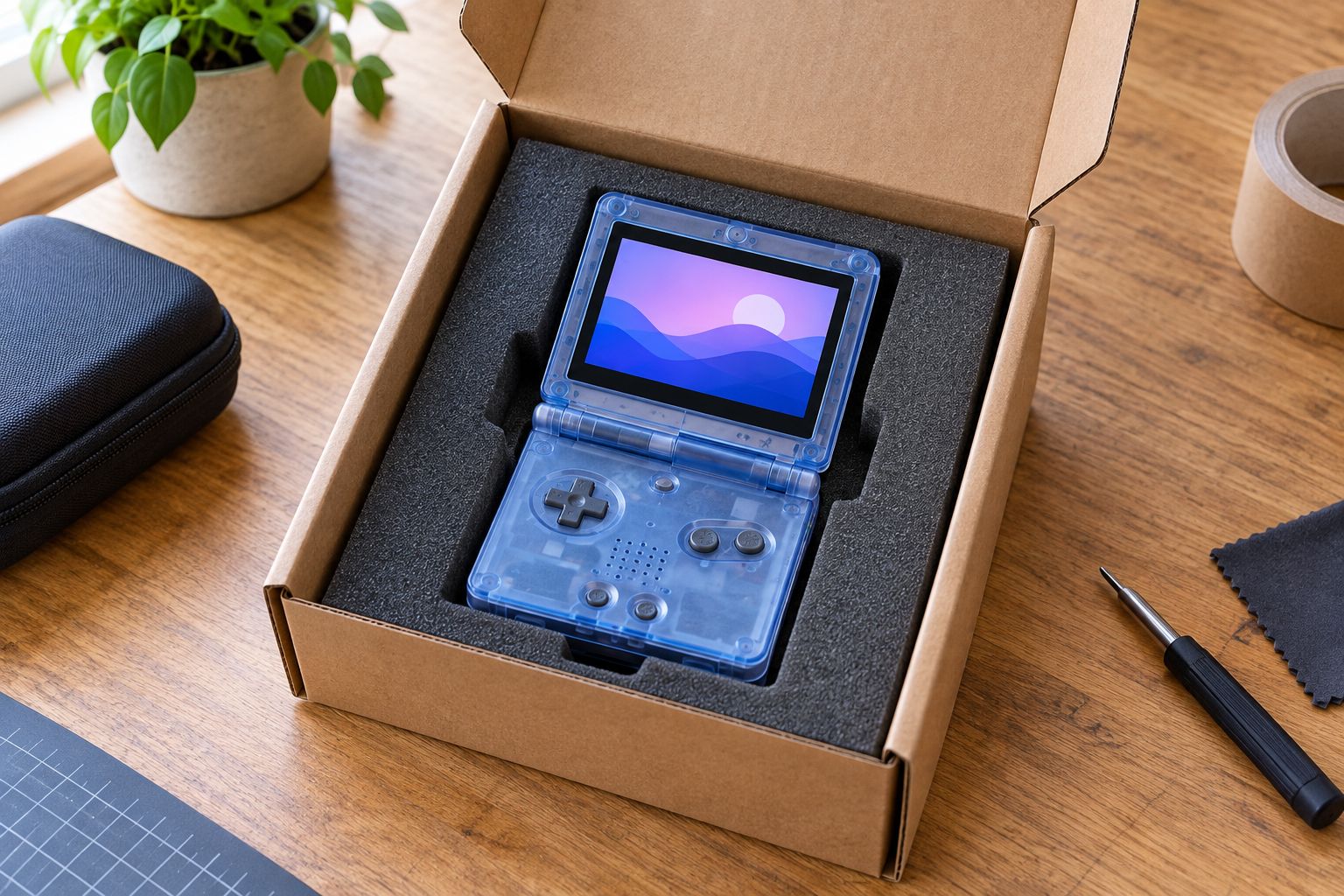 Modded Game Boy Advance SP packed in protective foam inside a shipping box