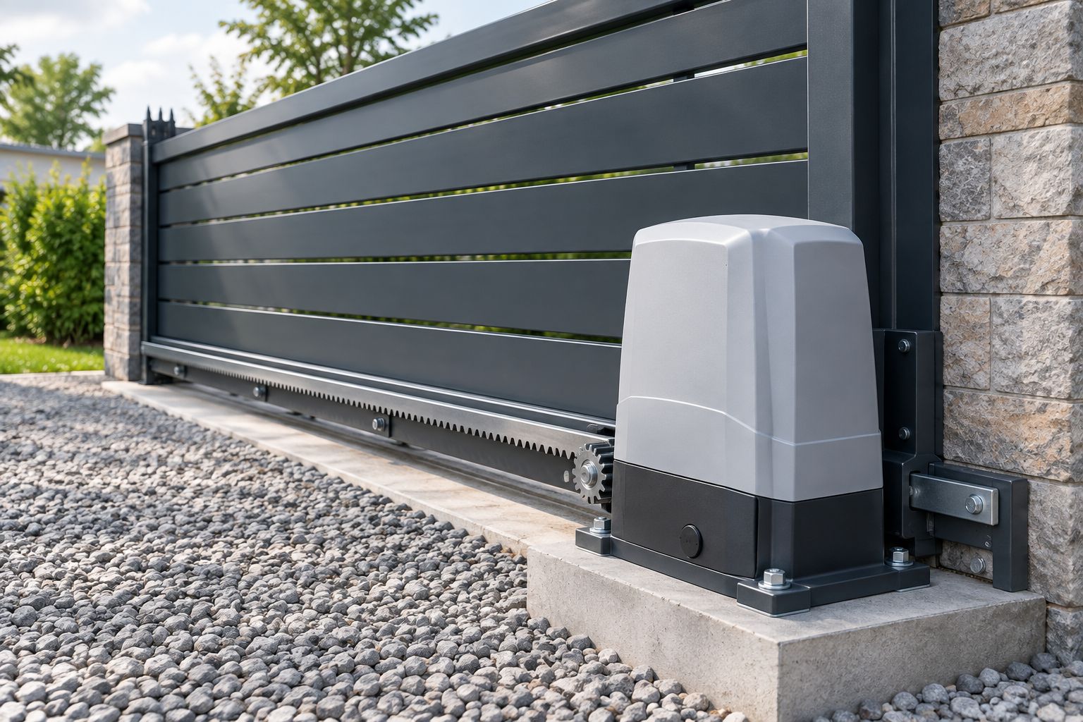 Sliding gate motor on a concrete plinth driving a rack on a steel gate