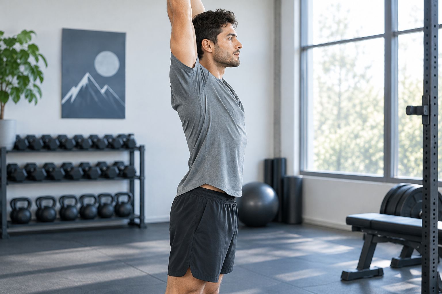 A person checking shoulder movement and shirt coverage while reaching overhead