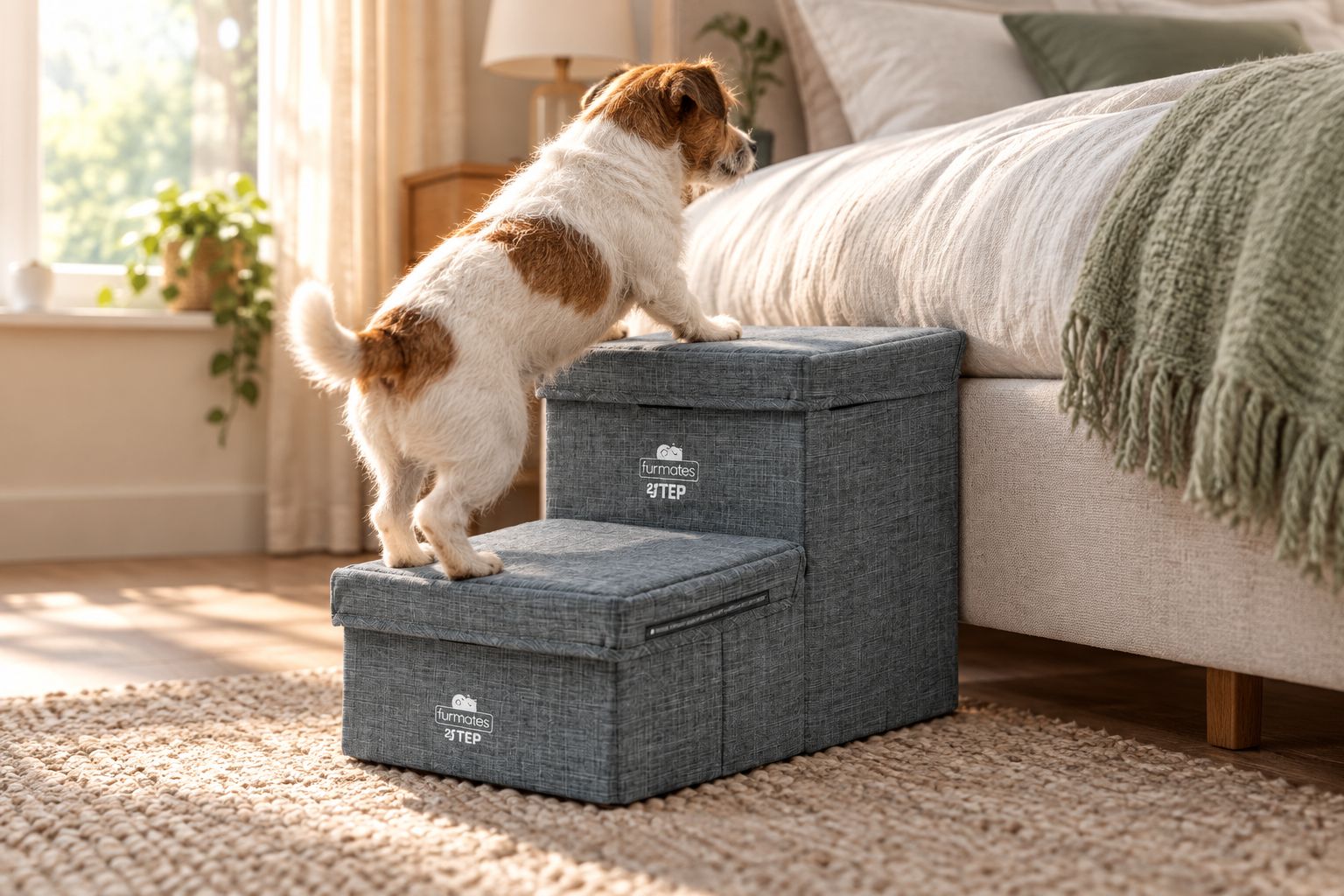 Small dog climbing 2-step pet stairs beside a bedside bed