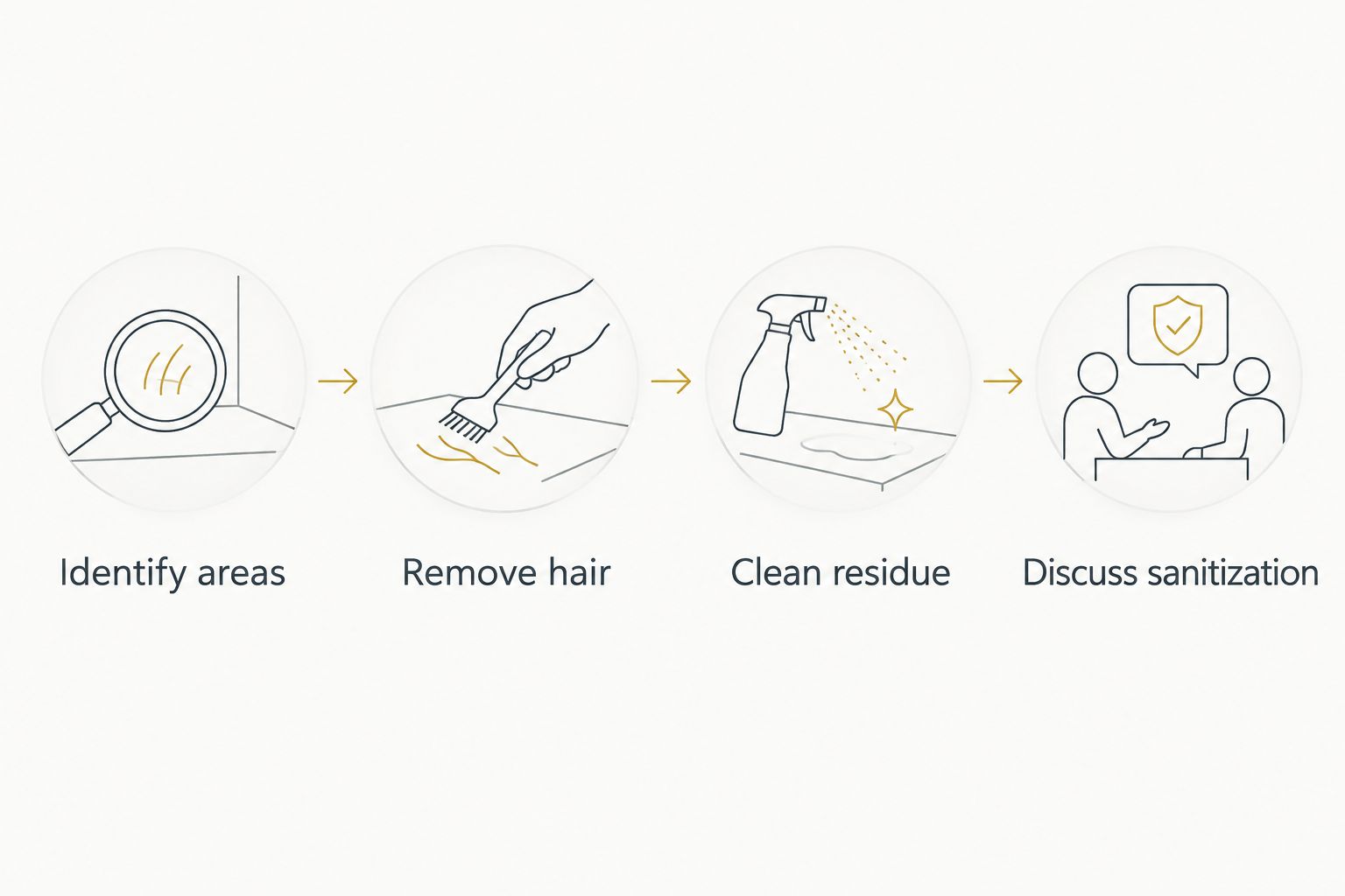 Sequence for identifying pet-affected areas, removing hair, cleaning residue and discussing sanitization