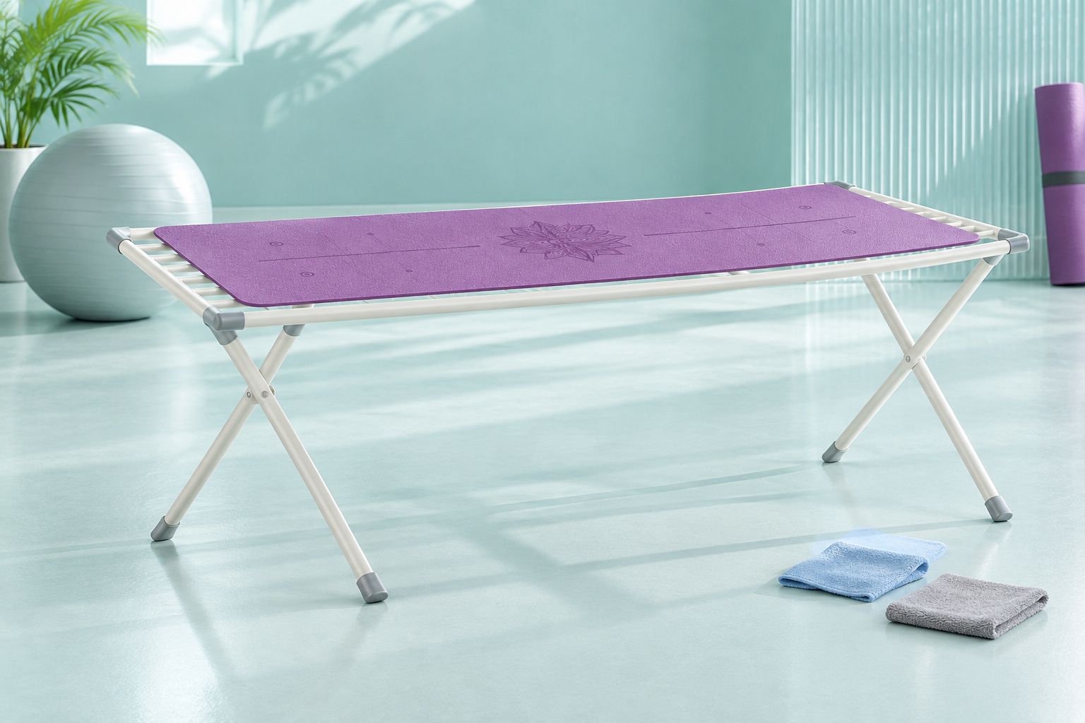An unbranded yoga mat drying flat on a rack in an indoor workout space