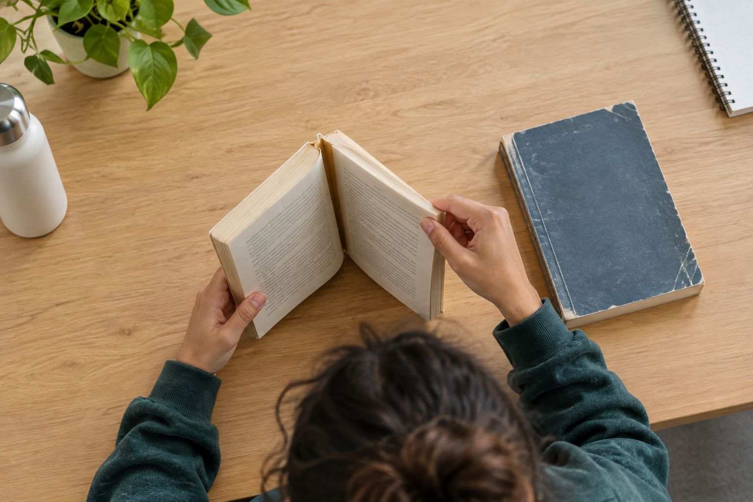 A reader checking the binding and page edges of a used paperback