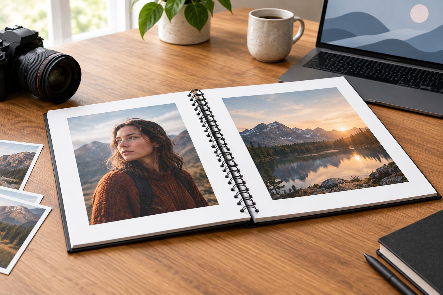 Open wire-bound photo portfolio with blank inner margins separating photographs from the punched edge