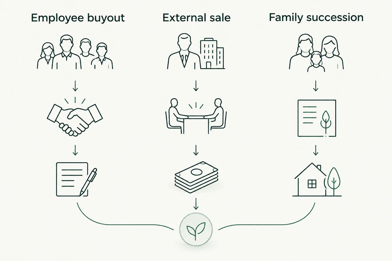 Three columns comparing employee buyout, external sale, and family succession as practice exit paths