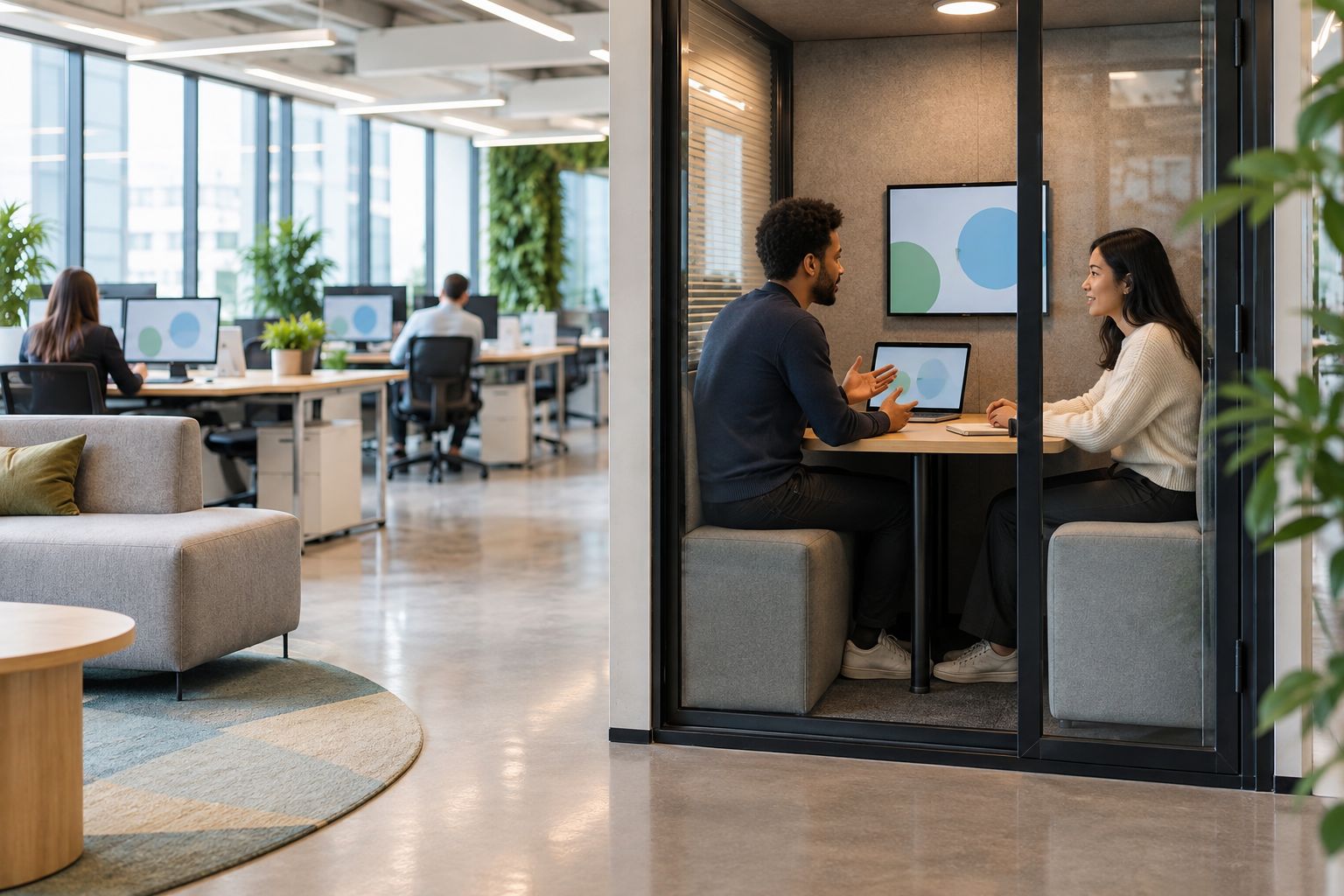 Two colleagues holding a one-to-one inside an enclosed meeting booth away from open-plan desks
