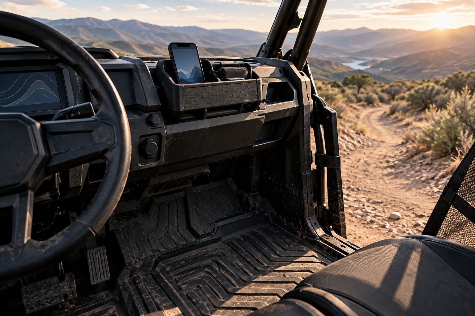 UTV cab interior with rubber floor mats and dash storage