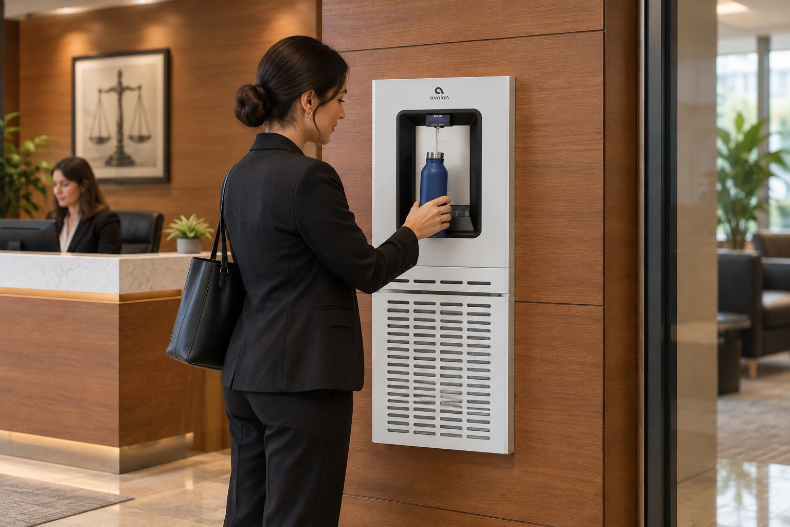 Wall-mounted bottle filler installed in a law office hallway