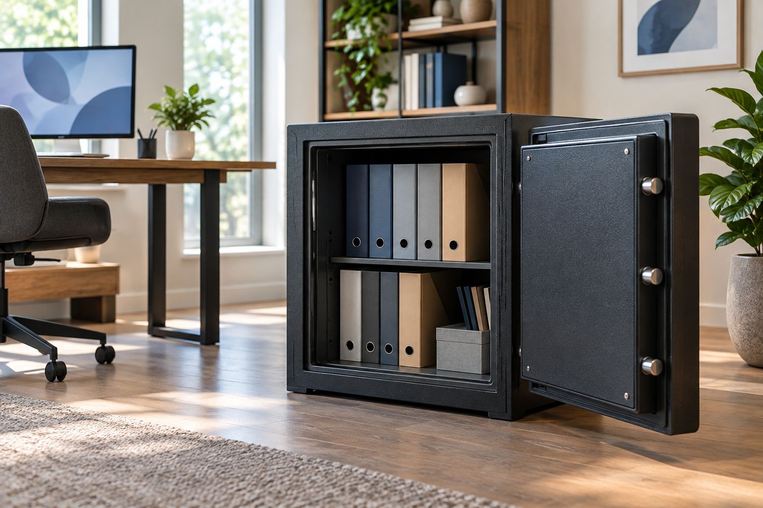 Open document safe showing folder fit and space for the door to open