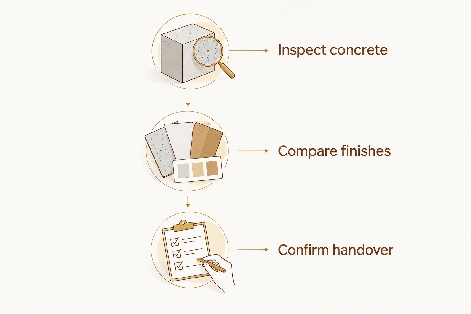 Three estimate steps: inspect concrete, compare finishes, and confirm handover