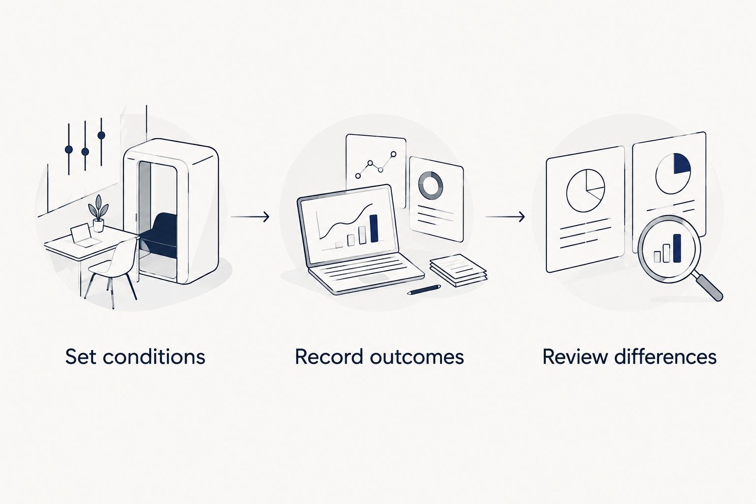 Three steps for comparing order workflows: set conditions, record outcomes, and review differences.