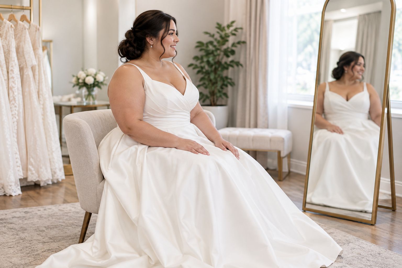 Plus-size bride checking how a wedding gown feels and sits while seated
