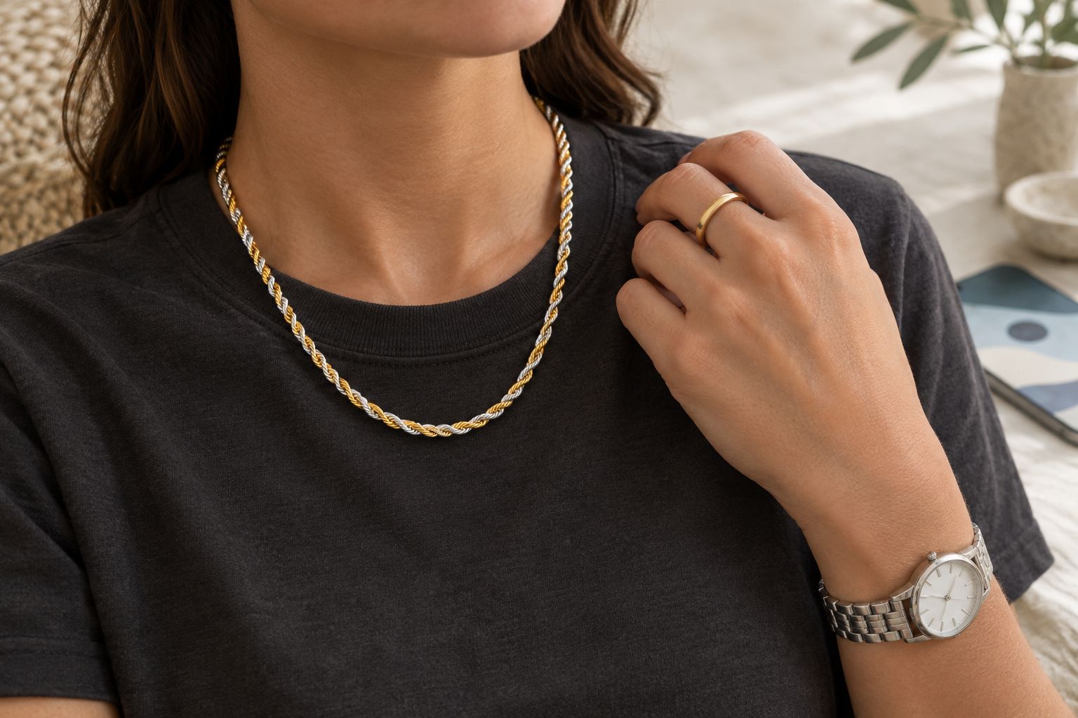 Two-tone rope chain styled with a gold-tone ring and a silver-tone watch