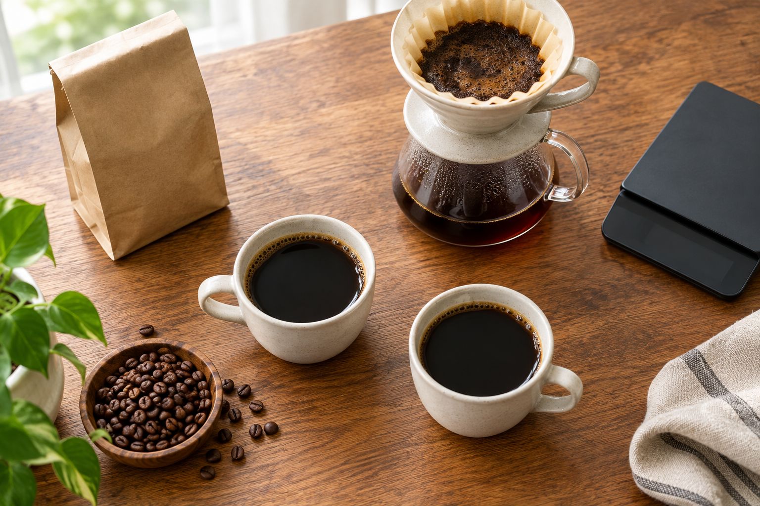 Two cups of black coffee beside a pour-over brewer and beans for a home comparison.