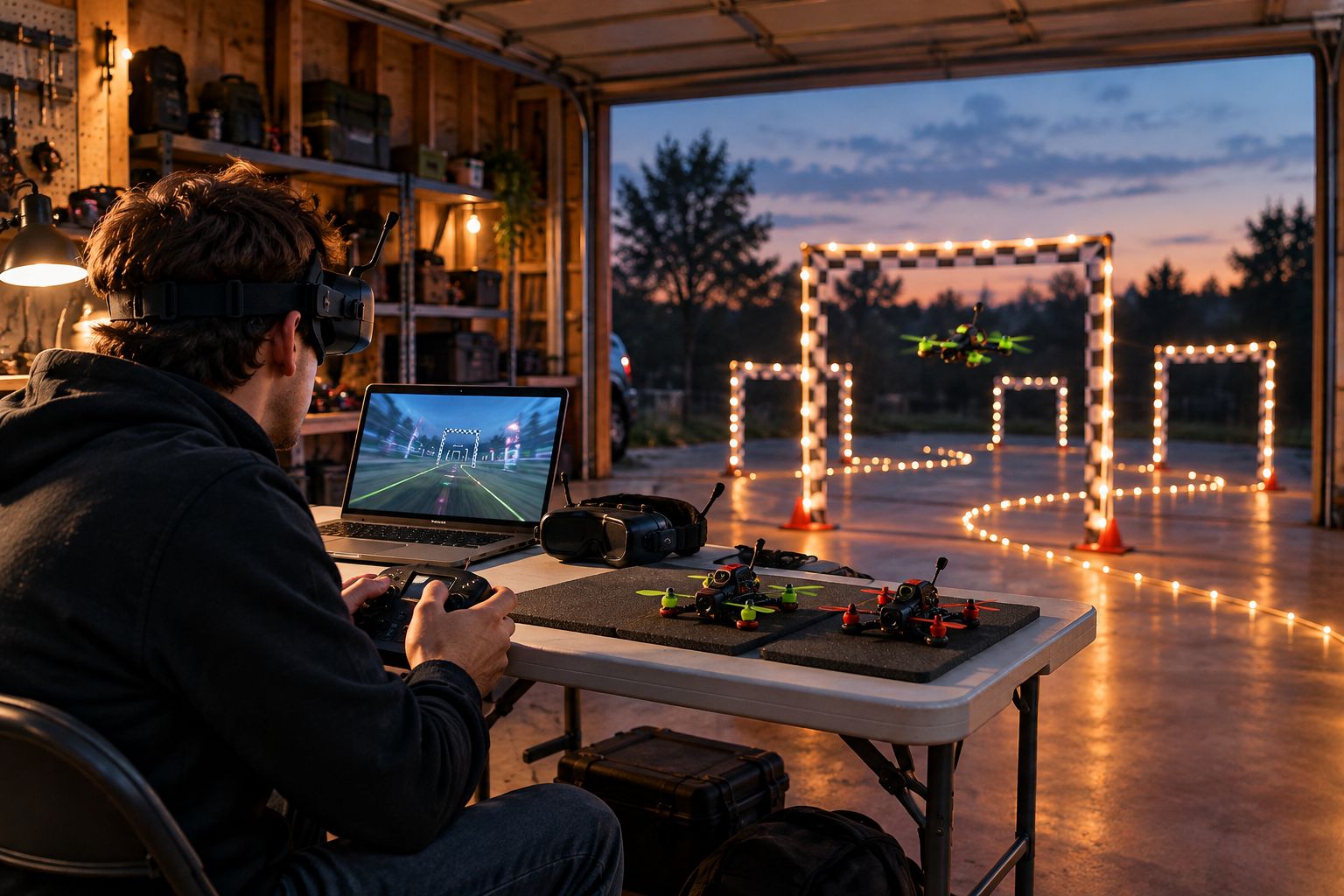 Garage-lab setup for beginner FPV drone simulator and micro-quad training