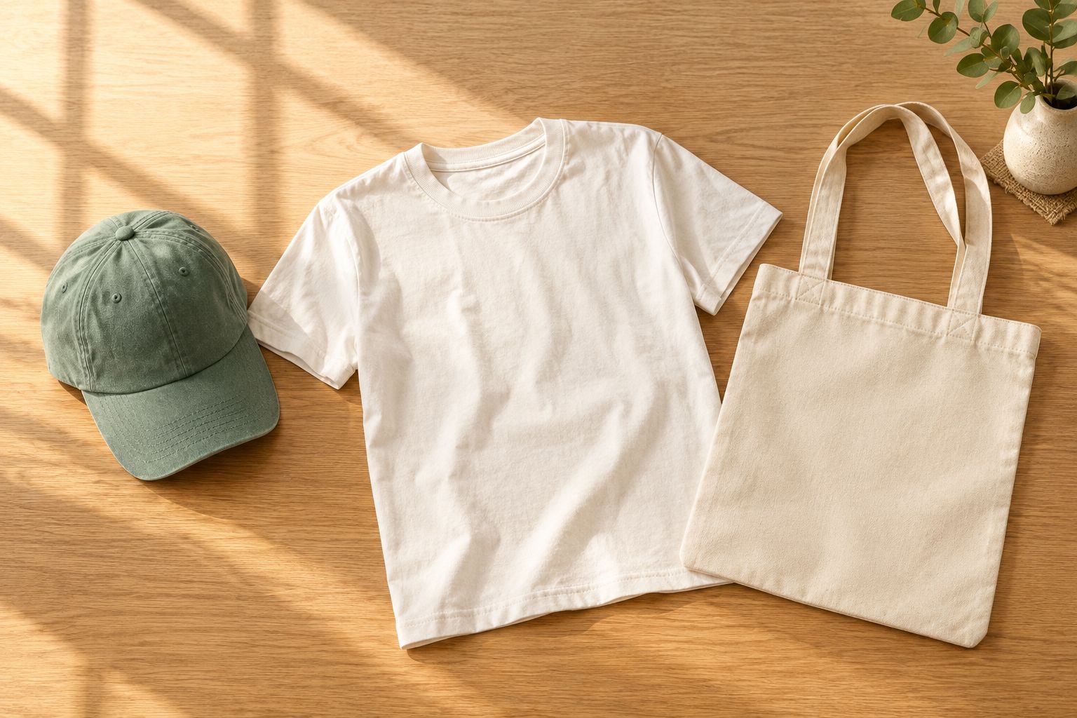A plain cap, t-shirt, and tote showing different surfaces for reunion artwork