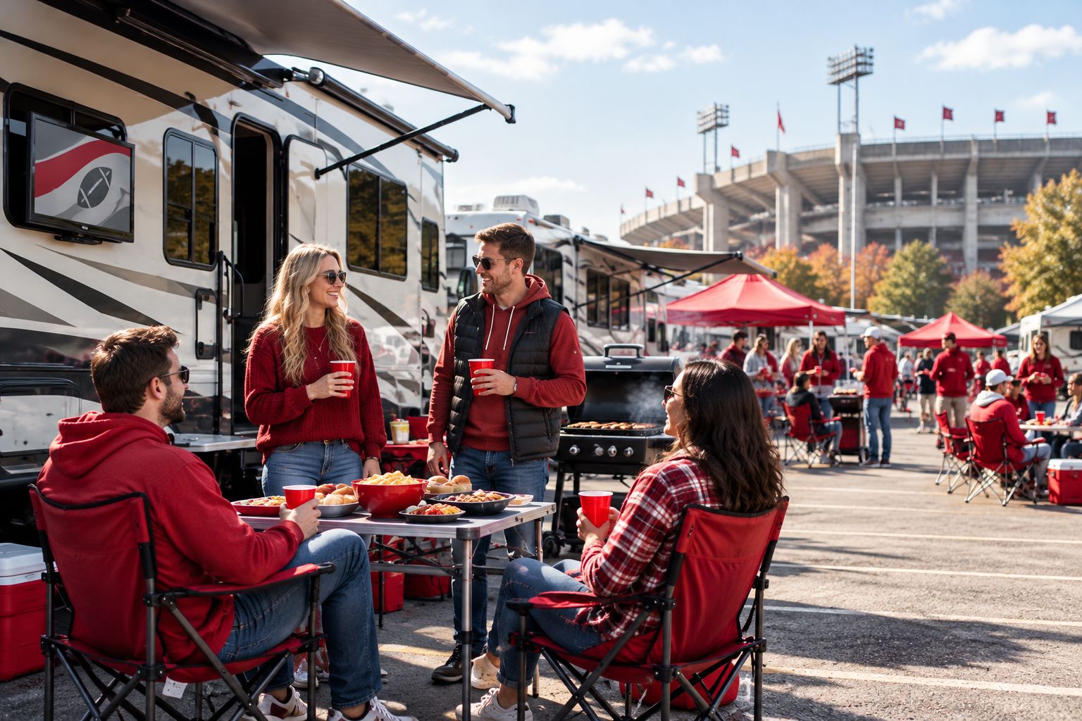 RVs parked in a tailgate lot near a college football stadium