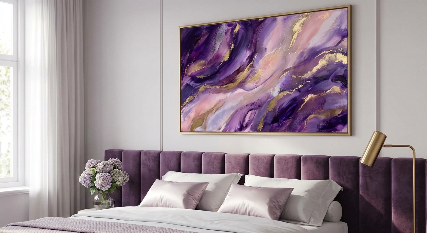 Purple and violet wall art for glam bedrooms