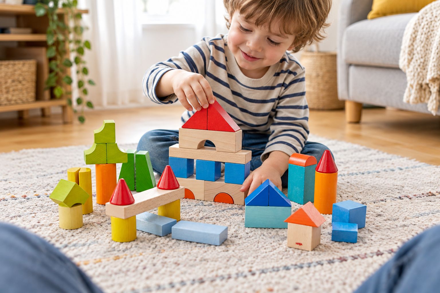 Child building with a wooden block set on a living-room floor