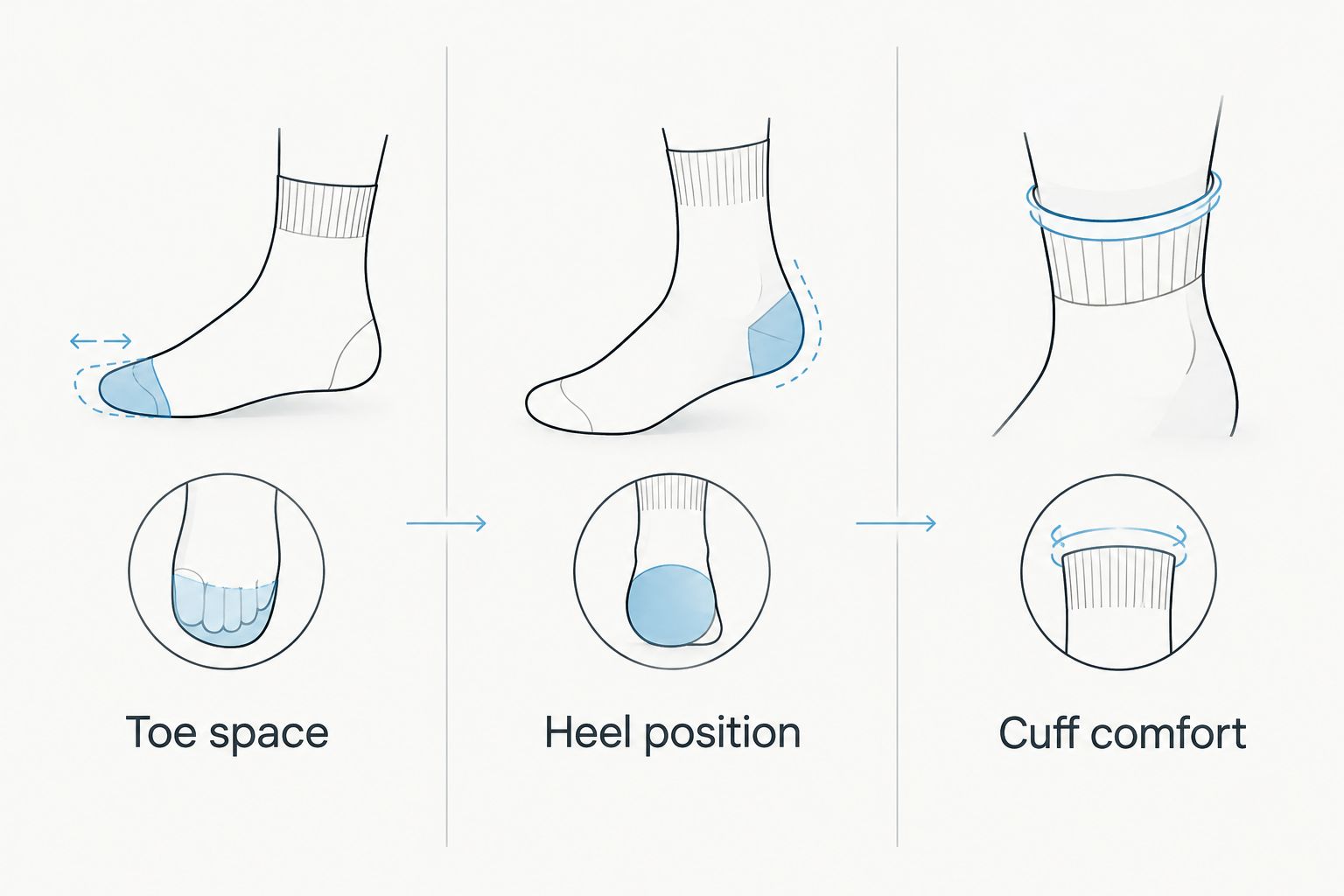 Three sock-fit checks: toe space, heel position and cuff comfort
