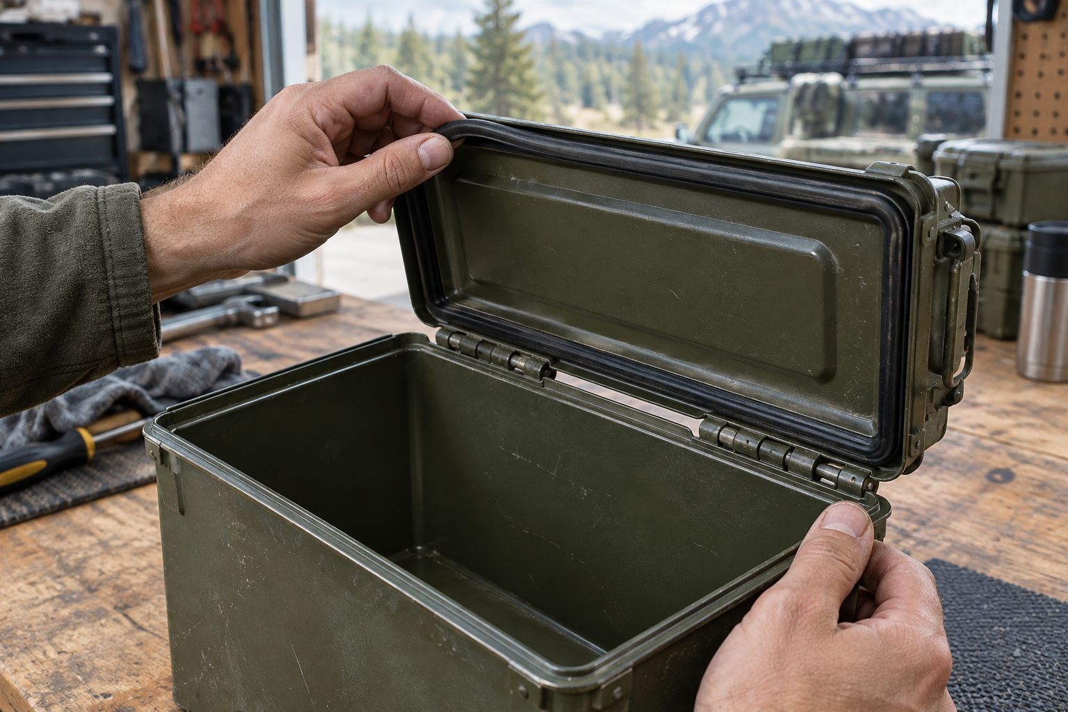 Hands checking the rubber seal and hinge of an empty metal storage tin