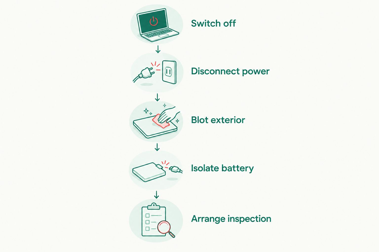 Sequence showing shutdown, safe power disconnection, blotting, battery isolation and inspection