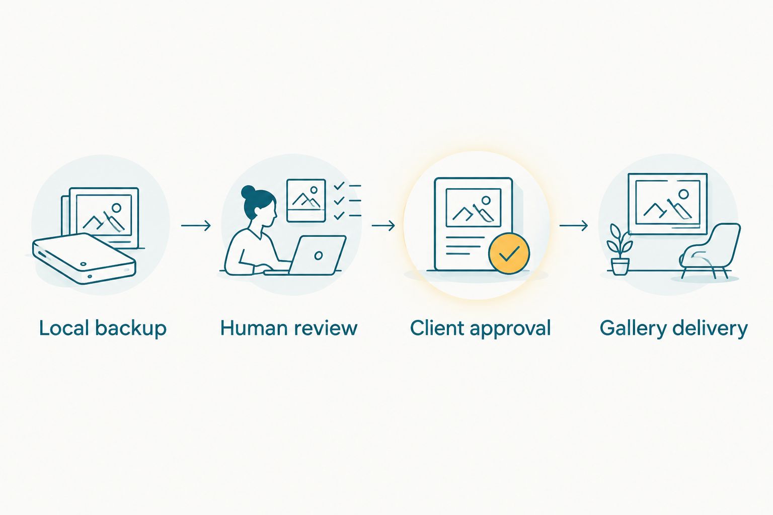 Workflow from local backup through human review and client approval to gallery delivery