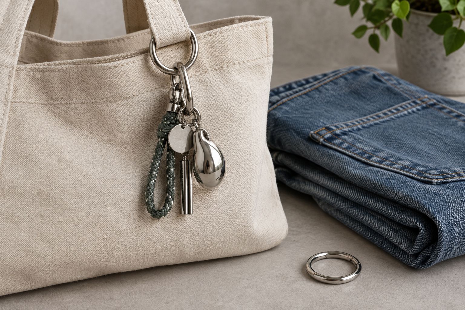 Sculptural silver-tone keychain on a plain tote beside denim and a simple ring